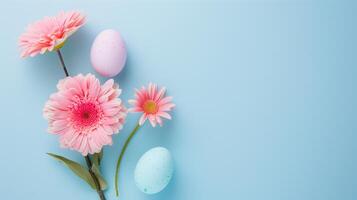 Easter colored eggs with spring flower on pastel blue background, copy space, top view, flat lay photo