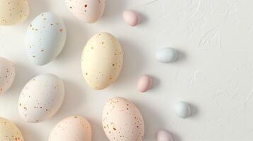 Happy Easter holiday background with colorful pastel eggs on white paper, top view photo