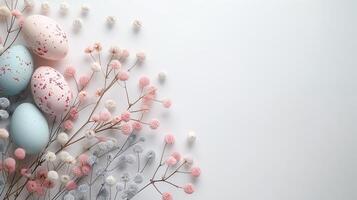 Easter pastel colored eggs with spring flowers on white background, copy space, top view photo