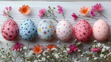 Easter pastel eggs with spring flowers on pastel wooden white background with copy space, top view photo