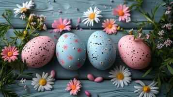 Easter pastel eggs with spring flowers on pastel wooden blue background with copy space, top view photo