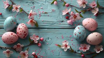 Easter pastel eggs with spring flowers on pastel wooden blue background with copy space, top view photo