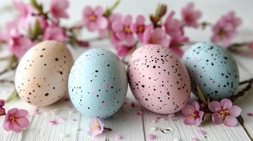 Easter pastel eggs with spring flowers on pastel wooden white background with copy space, top view photo