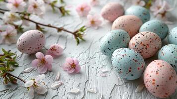 Easter pastel eggs with spring flowers on pastel wooden blue background with copy space, top view photo