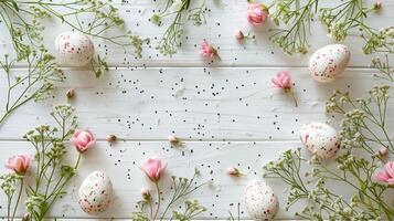 Easter pastel eggs with spring flowers on pastel wooden blue background with copy space, top view photo