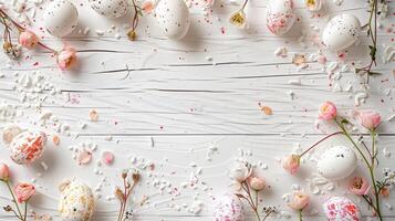 Easter pastel eggs with spring flowers on pastel wooden white background with copy space, top view photo