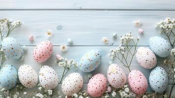 Easter pastel eggs with spring flowers on pastel wooden blue background with copy space, top view photo