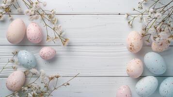 Easter pastel eggs with spring flowers on pastel wooden blue background with copy space, top view photo
