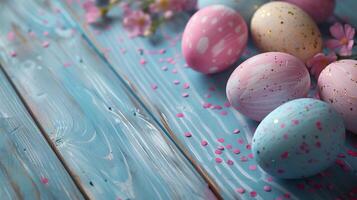 Close-up Easter pastel eggs with spring flowers on pastel wooden blue background with copy space, top view photo