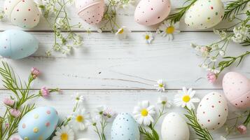 Easter pastel eggs with spring flowers on pastel wooden white background with copy space, top view photo