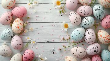 Easter pastel eggs with spring flowers on pastel wooden blue background with copy space, top view photo