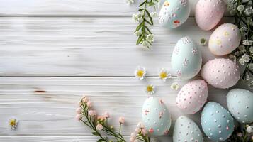 Easter pastel eggs with spring flowers on pastel wooden white background with copy space, top view photo