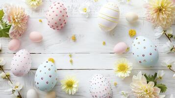 Easter pastel eggs with spring flowers on pastel wooden white background with copy space, top view photo