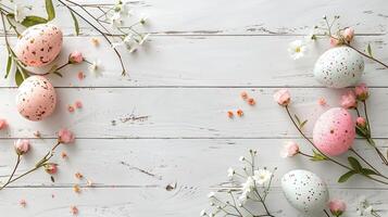 Easter pastel eggs with spring flowers on pastel wooden white background with copy space, top view photo
