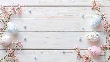 Easter pastel eggs with spring flowers on pastel wooden white background with copy space, top view photo