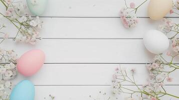Easter pastel eggs with spring flowers on pastel wooden white background with copy space, top view photo