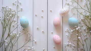 Easter pastel eggs with spring flowers on pastel wooden white background with copy space, top view photo