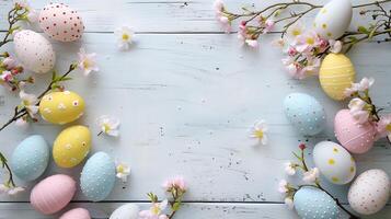 Easter pastel eggs with spring flowers on pastel wooden blue background with copy space, top view photo