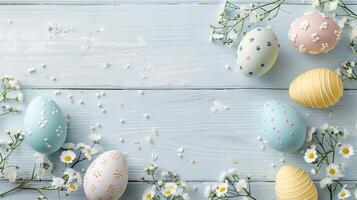 Easter pastel eggs with spring flowers on pastel wooden blue background with copy space, top view photo