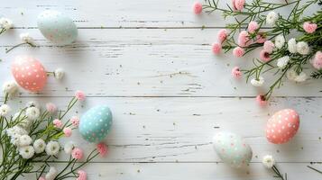 Easter pastel eggs with spring flowers on pastel wooden white background with copy space, top view photo
