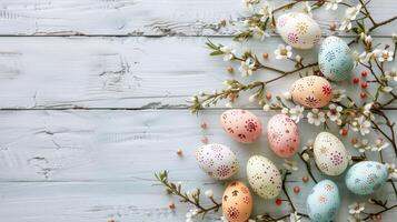 Easter pastel eggs with spring flowers on pastel wooden white background with copy space, top view photo
