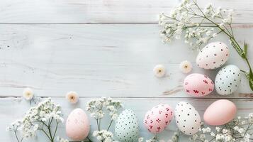 Easter pastel eggs with spring flowers on pastel wooden blue background with copy space, top view photo