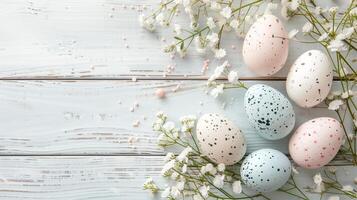 Easter pastel eggs with spring flowers on pastel wooden white background with copy space, top view photo