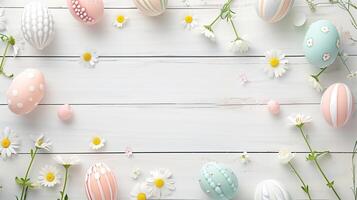 Easter pastel eggs with spring flowers on pastel wooden white background with copy space, top view photo
