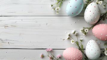 Easter pastel eggs with spring flowers on pastel wooden white background with copy space, top view photo