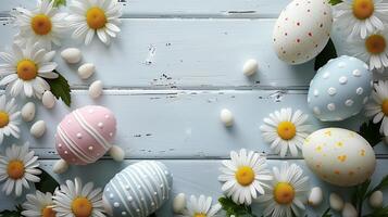 Easter pastel eggs with spring flowers on pastel wooden blue background with copy space, top view photo