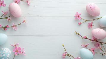Easter pastel eggs with spring flowers on pastel wooden white background with copy space, top view photo