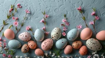 Easter pastel eggs with spring flowers on pastel wooden blue background with copy space, top view photo
