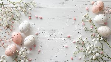 Easter pastel eggs with spring flowers on pastel wooden white background with copy space, top view photo