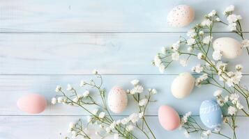 Easter pastel eggs with spring flowers on pastel wooden blue background with copy space, top view photo