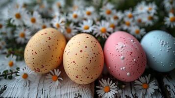 Close-up Easter pastel eggs with spring flowers on pastel wooden white background with copy space, top view photo