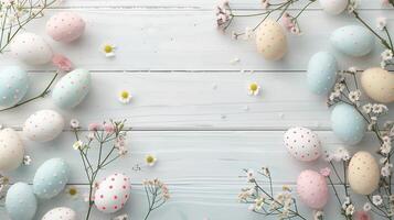 Easter pastel eggs with spring flowers on pastel wooden white background with copy space, top view photo