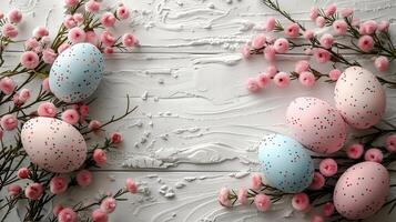 Easter pastel eggs with spring flowers on pastel wooden white background with copy space, top view photo