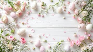 Easter pastel eggs with spring flowers on pastel wooden white background with copy space, top view photo
