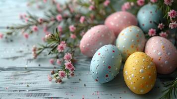 Easter pastel eggs with spring flowers on pastel wooden blue background with copy space, top view photo