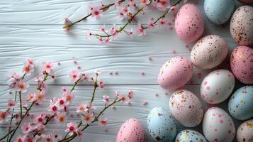 Easter pastel eggs with spring flowers on pastel wooden blue background with copy space, top view photo