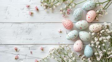 Easter pastel eggs with spring flowers on pastel wooden white background with copy space, top view photo