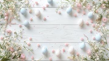Easter pastel eggs with spring flowers on pastel wooden white background with copy space, top view photo
