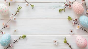 Easter pastel eggs with spring flowers on pastel wooden white background with copy space, top view photo