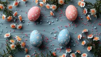 Easter pastel eggs, candies with spring flowers on pastel wooden blue background with copy space, top view photo