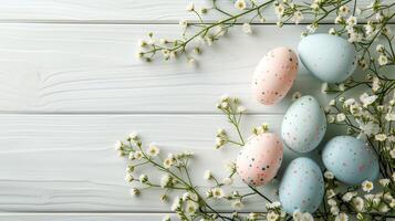 Easter pastel eggs with spring flowers on pastel wooden white background with copy space, top view photo