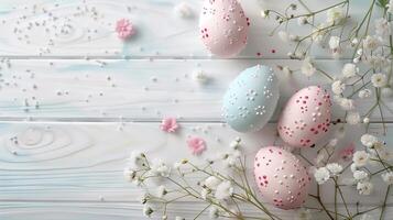 Easter pastel eggs with spring flowers on pastel wooden white background with copy space, top view photo