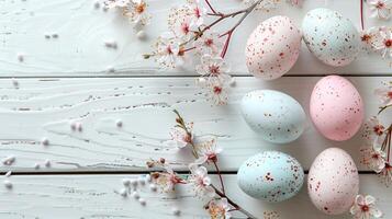 Easter pastel eggs with spring flowers on pastel wooden white background with copy space, top view photo