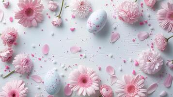 Easter pastel eggs with spring flowers on pastel blue background with copy space, top view photo