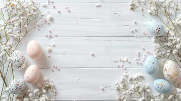 Easter pastel eggs with spring flowers on pastel wooden white background with copy space, top view photo