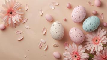 Easter pastel colored eggs with spring flowers on beige paper background, copy space, top view photo